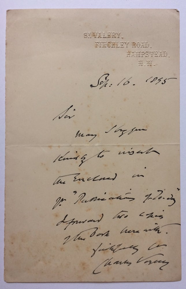Item #283692 Autographed Letter Signed. Charles VOYSEY, 1828 - 1912.