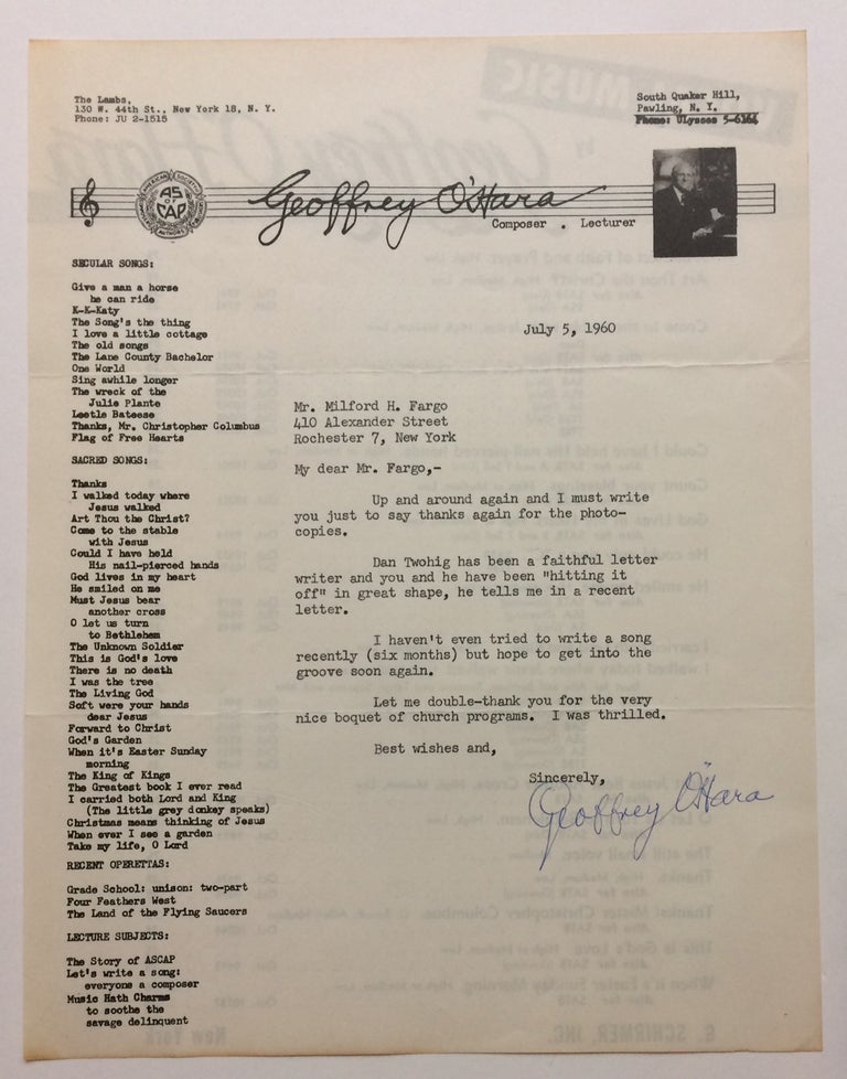 Item #284937 Typed Letter Signed. Geoffrey O'HARA.