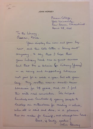 Item #286414 Autograph Letter Signed. John HERSEY