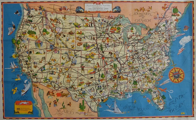 Item #288133 A good-natured map of the United States setting forth the services of The Greyhound Lines. GREYHOUND LINES.