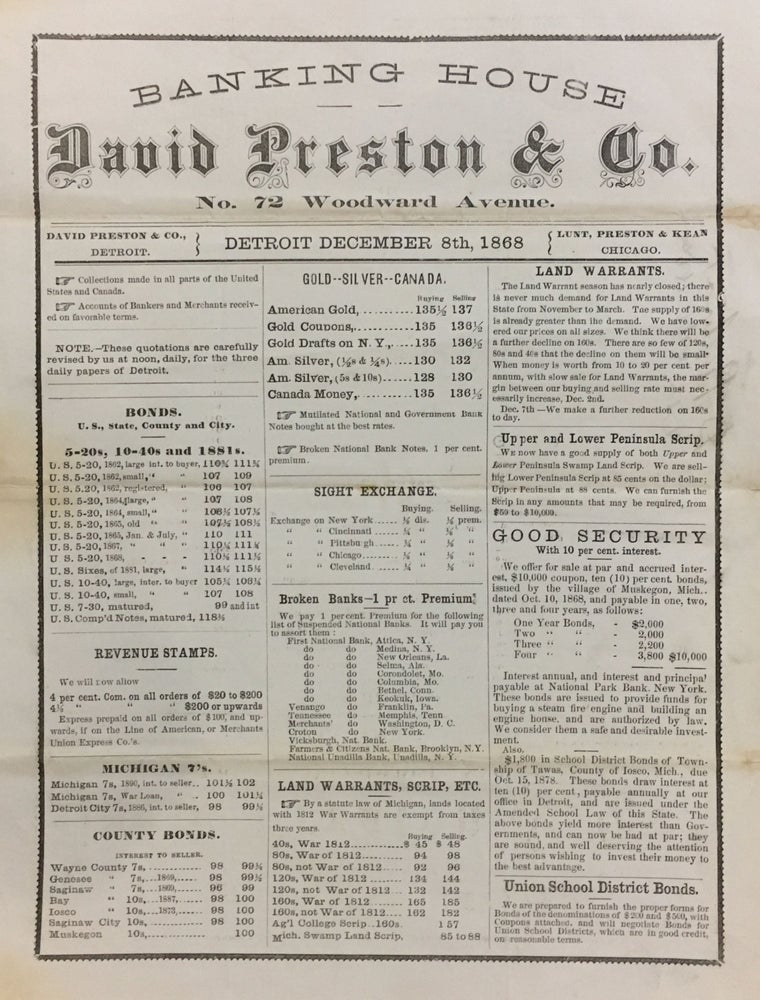 Item #288188 [Broadside Advertising Land Grants, 1812 War Warrants, Civil War Bonds]. DAVID PRESTON, CO.
