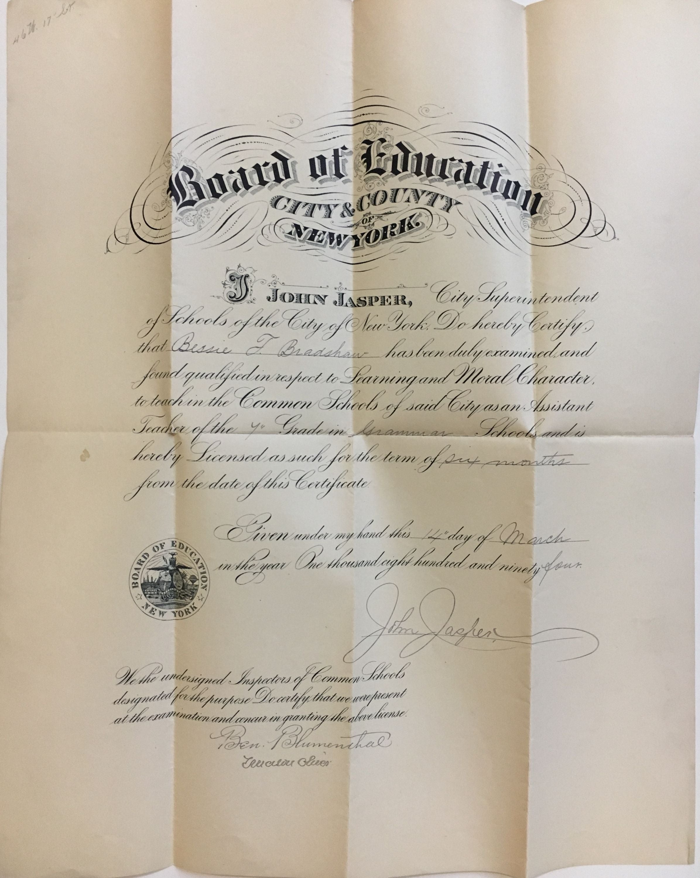 1894 Teaching License John JASPER, NEW YORK BOARD OF EDUCATION