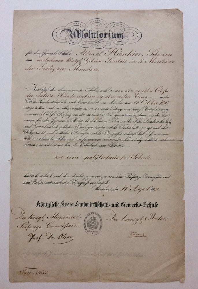 Item #288814 Partly-Printed Document Signed. Georg Simon OHM.