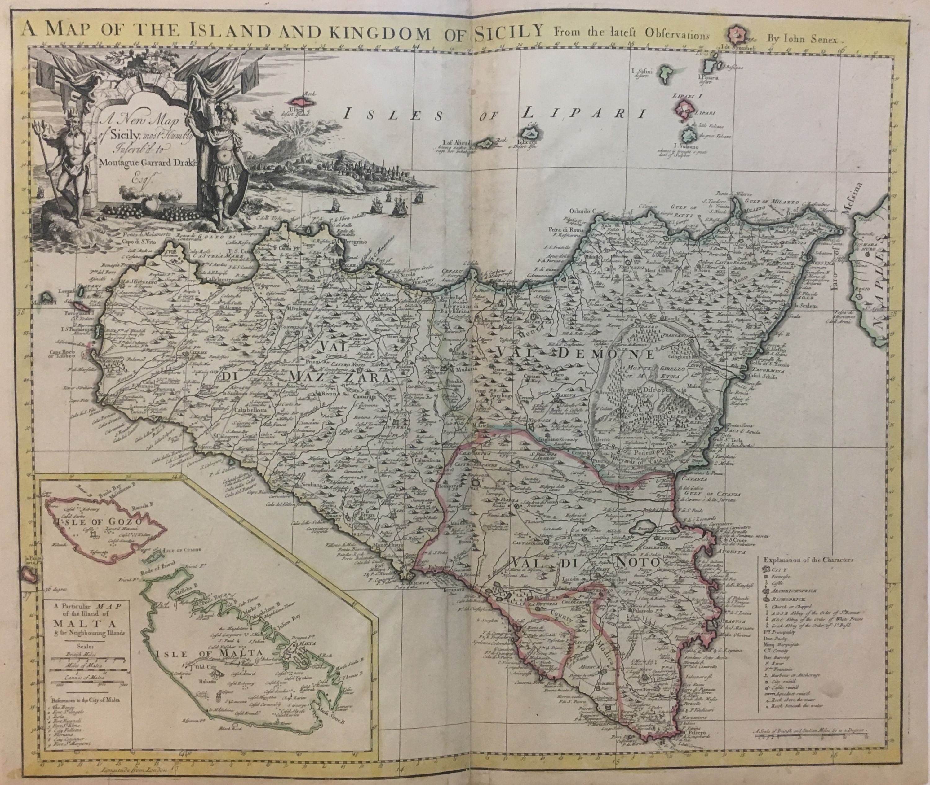 A Map of the Island and Kingdom of Sicily From the latest observations; A New Map of Sicily, most Humbly Inscrd to Montague Garrard Drake Esq John SENEX pic