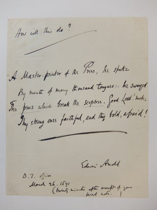 Item #290145 Autograph Manuscript Signed; Original Poem. Edwin ARNOLD