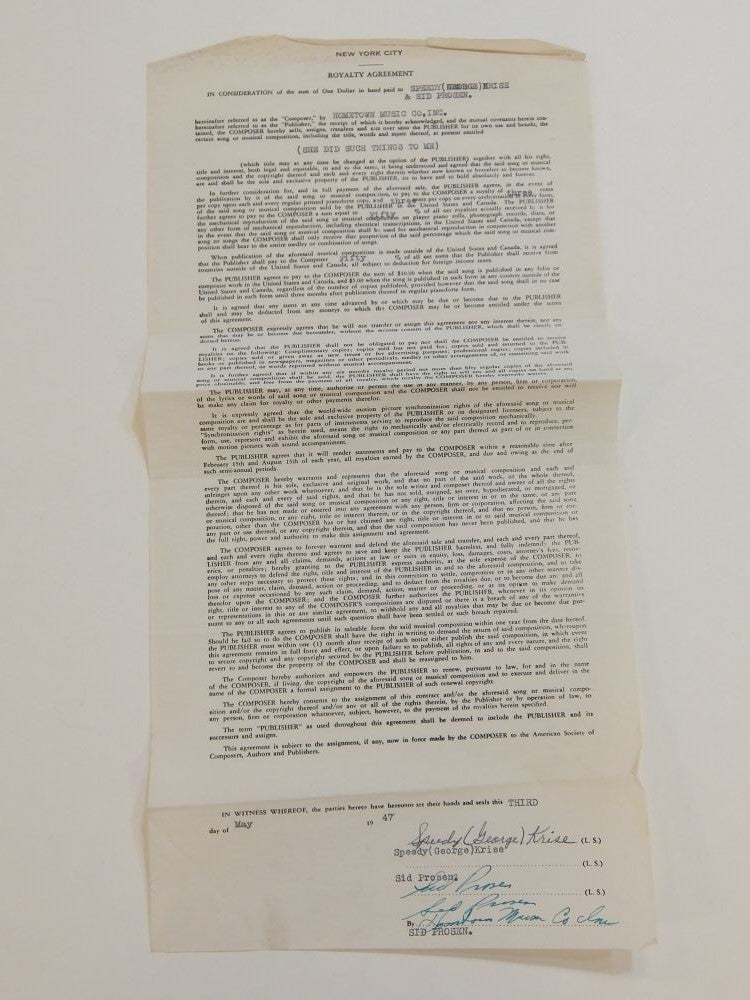 Item #291468 Rare Signed Contract; Songwriters' Royalty Agreement. George "Speedy" KRISE.