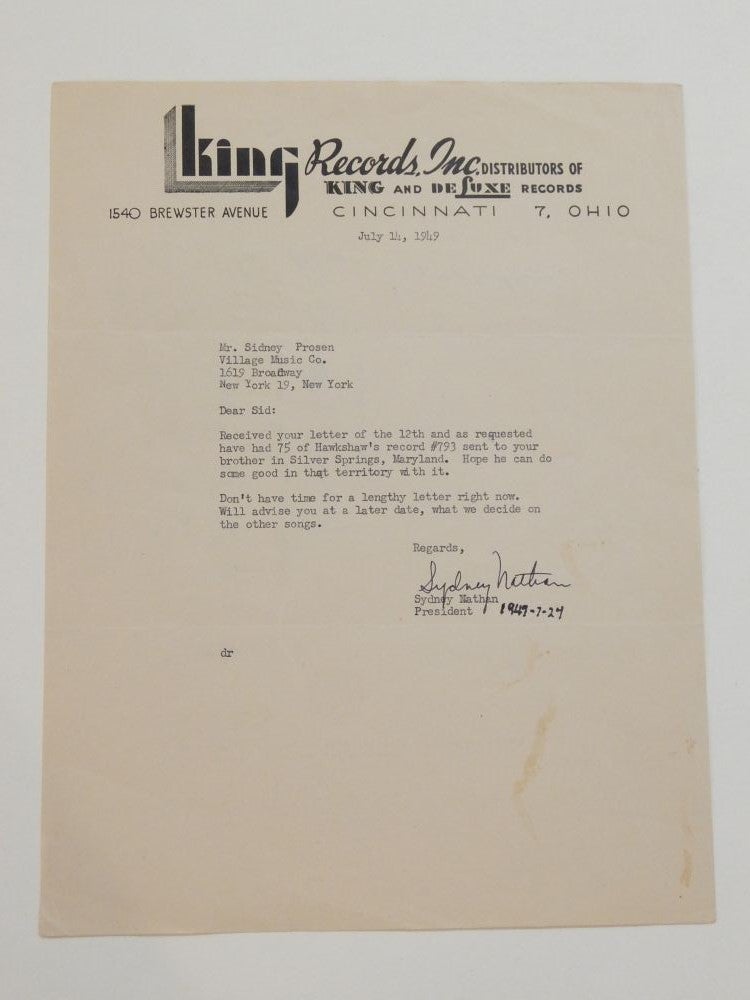 Item #291488 Typed Letter Signed. Syd NATHAN.