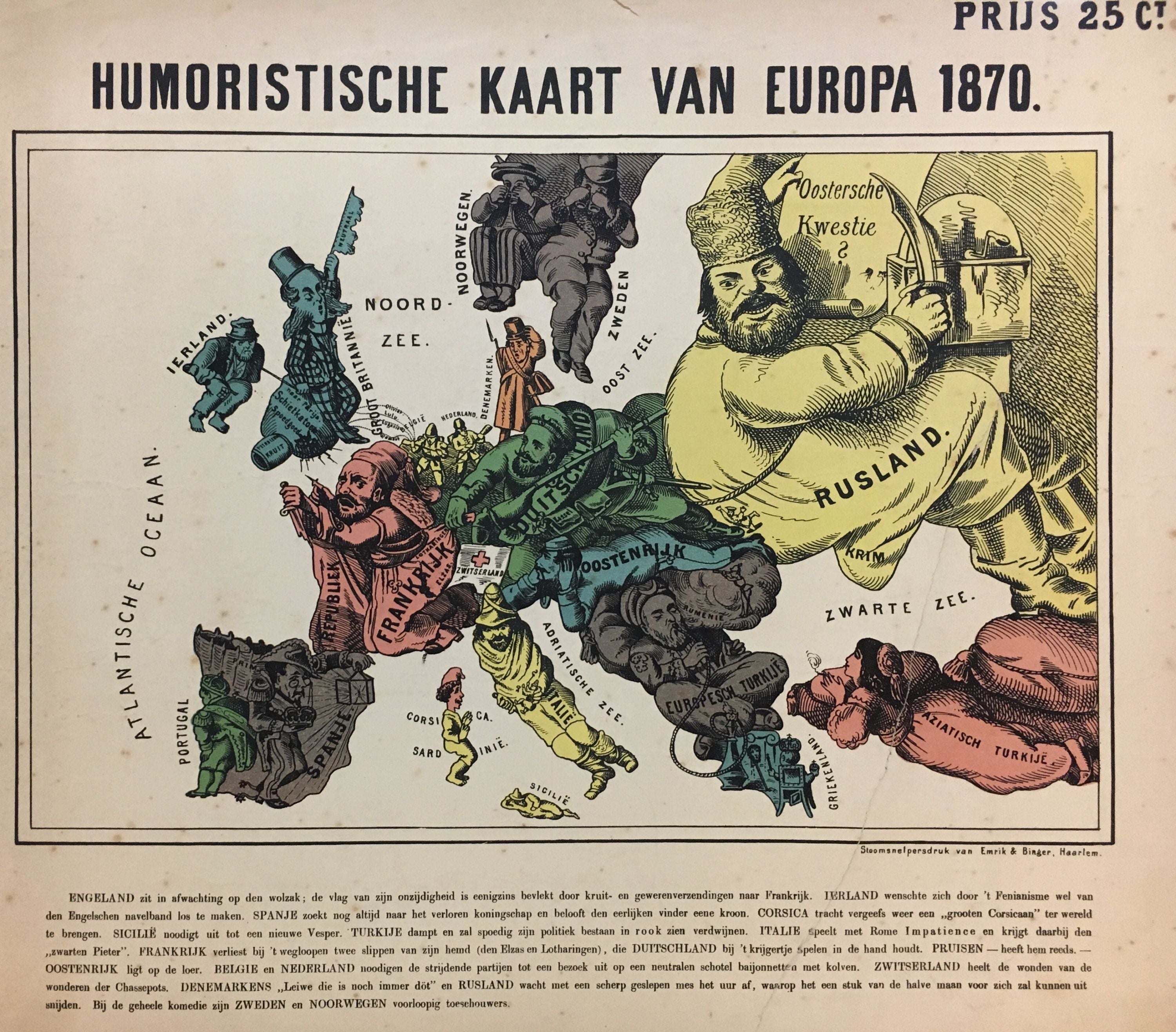 Verzoekschrift strottenhoofd etiket Humoristische Kaart van Europa 1870 | Arnold NEUMANN