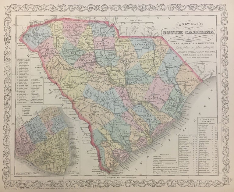 Item #293171 A New Map of South Carolina with its Canals, Roads & Distances from place to place along the Stage & Steam Boat Routes. Samuel Augustus Sr MITCHELL.