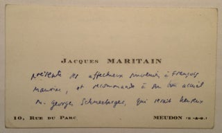 Item #294257 Autographed Note in French on a Personal Card. Jacques MARITAIN, 1882 - 1973