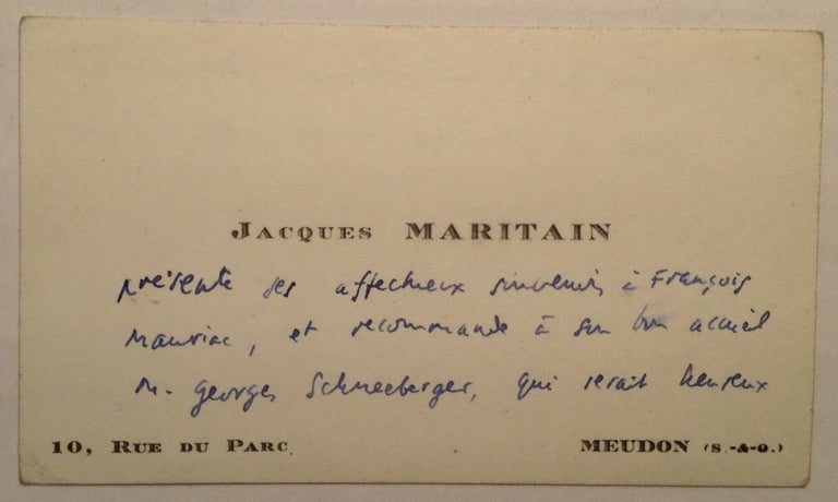 Item #294257 Autographed Note in French on a Personal Card. Jacques MARITAIN, 1882 - 1973.