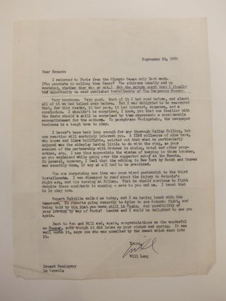 Item #295717 Signed Typed Carbon Letter. Will LANG