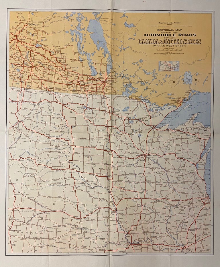 Item #297609 Sectional Map indicating main Automobile Roads between Canada and United States; (Middle West Sheet). Natural Resources Intelligence Service.