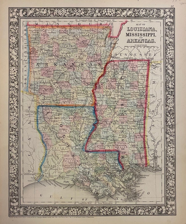 Item #302552 Map of Louisiana, Mississippi, and Arkansas. Samuel Augustus Jr MITCHELL.