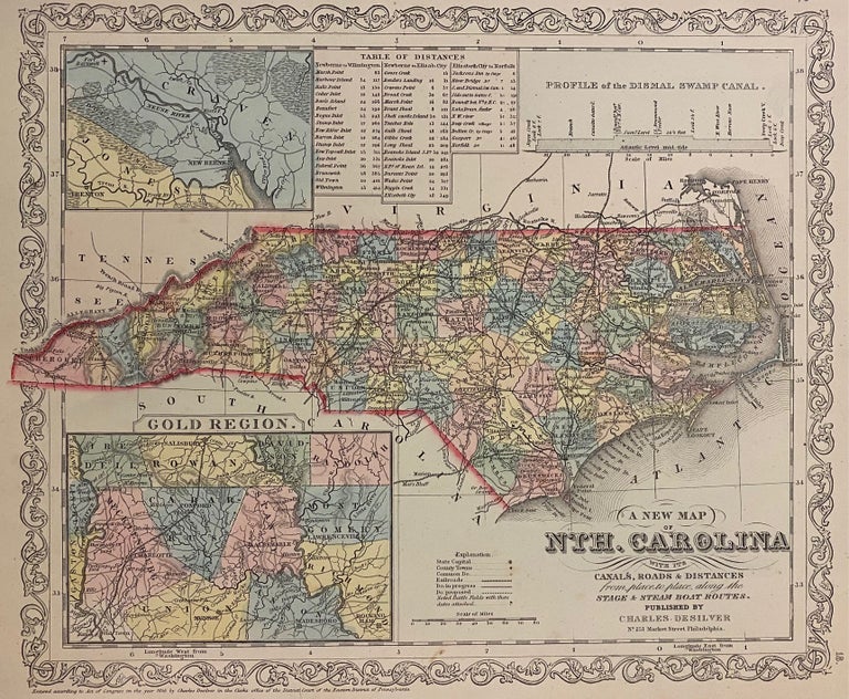 Item #303644 A New Map of the Nth. Carolina with its Canals, Roads & Distances from place to place, along the Stage and Steam Boat Routes. Charles DESILVER.