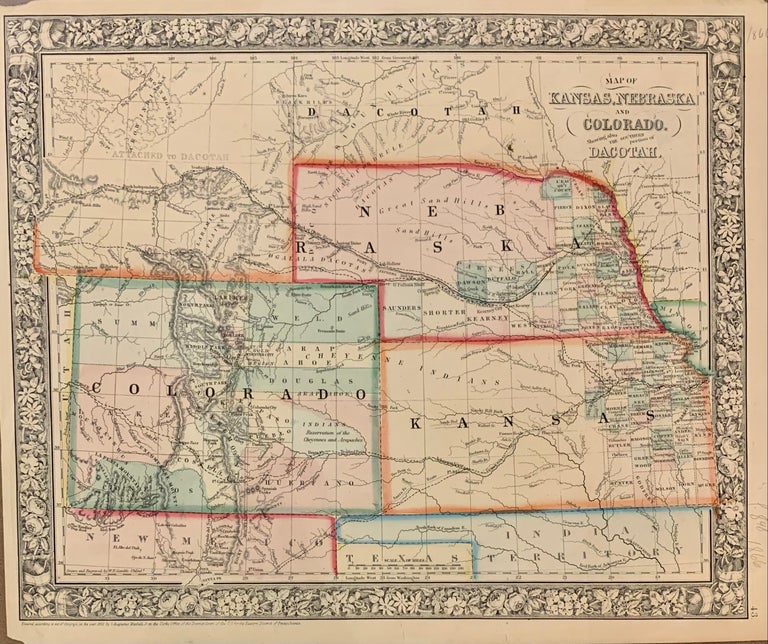 Item #308737 Map of Kansas, Nebraska and Colorado. Showing also the Southern Portion of the Dacotah.; (with attached Dachotah). Samuel Augustus Jr MITCHELL.