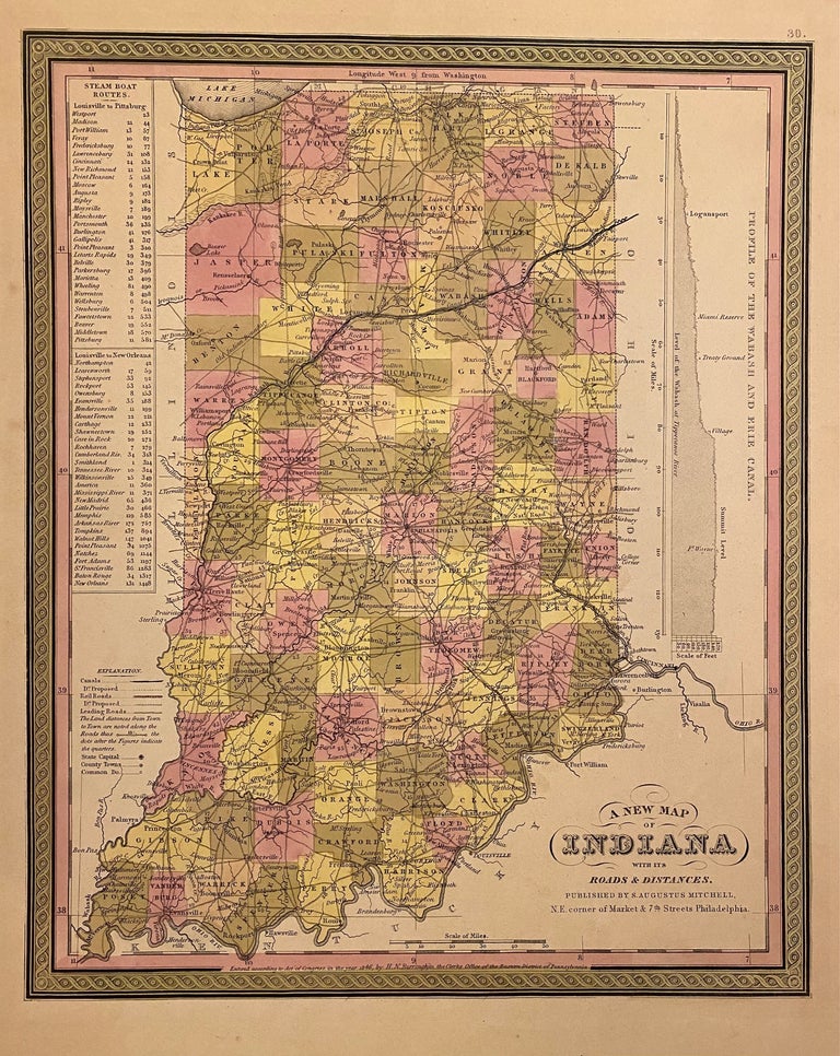 Item #310093 A New Map of Indiana with its Canals, Roads & Distances. Samuel Augustus Sr MITCHELL.