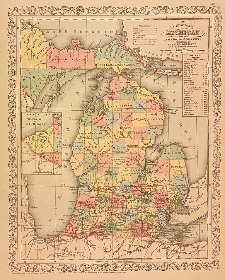 Item #310757 A New Map of Michigan with its Canals, Roads, & Distances. Charles DESILVER.