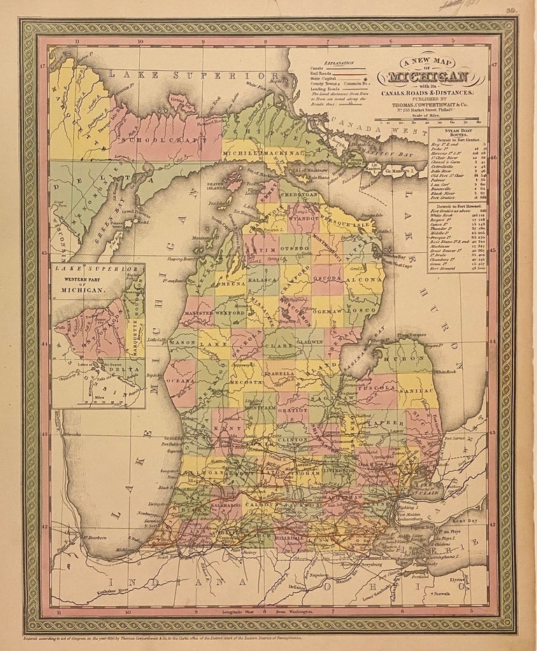 Item #310818 A New Map of Michigan with its Canals, Roads, & Distances. COWPERTHWAIT THOMAS, Co.