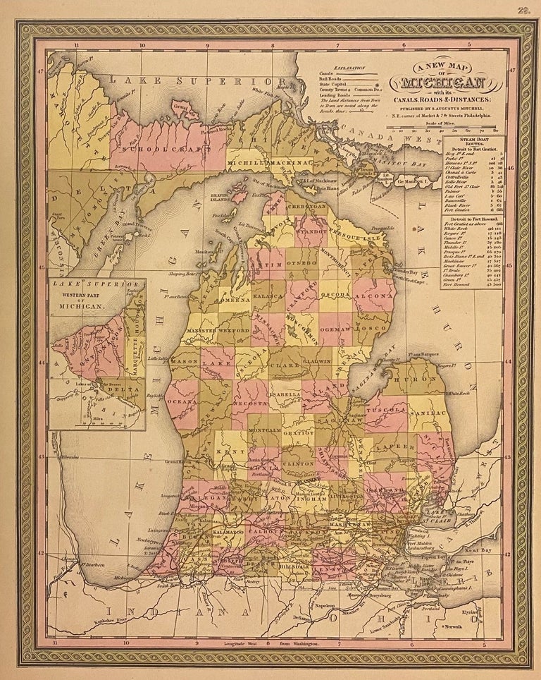 Item #310821 A New Map of Michigan with its Canals, Roads & Distances. Samuel Augustus Sr MITCHELL.