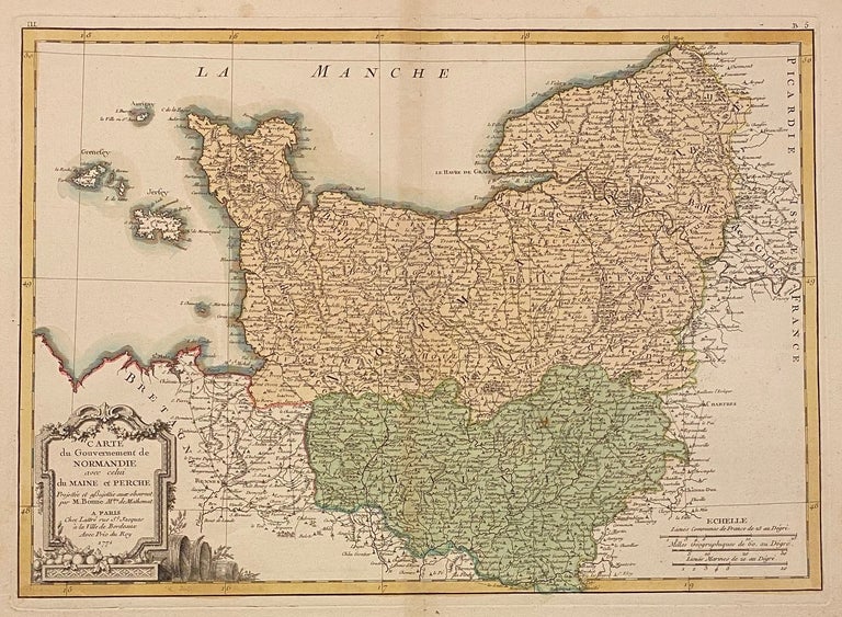 Item #311411 Carte du Gouvernement de Normandie avec celui du Maine et Perche; 1771 Bonne Map of Normandy, France. Rigobert BONNE.