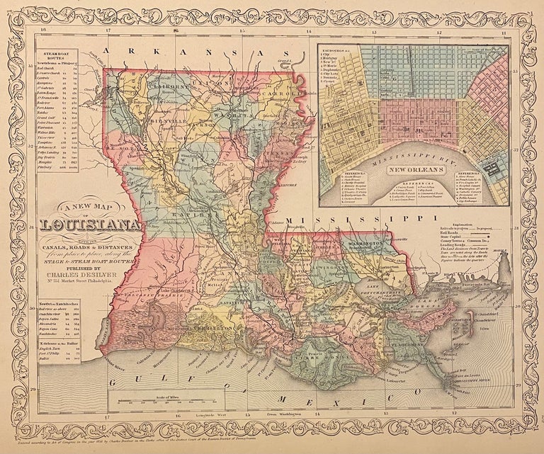 Item #311442 A New Map of Louisiana with its Canals, Roads, & Distances. Charles DESILVER.