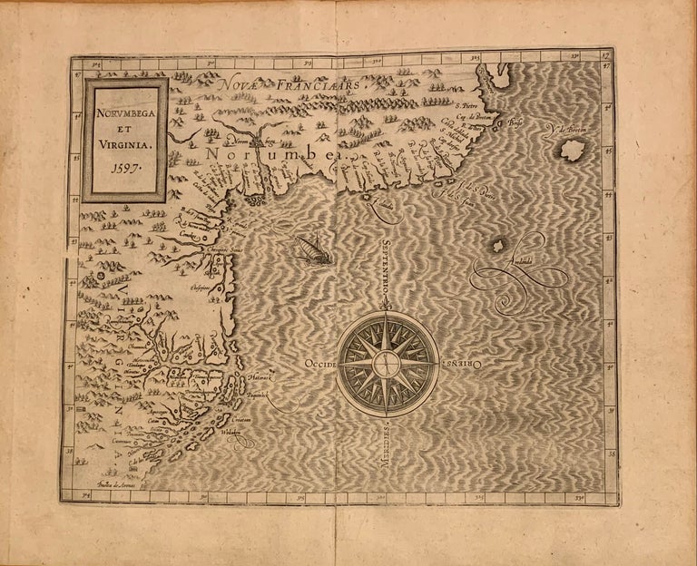 Item #312190 Norumbega et Virginia; 1597 Important first state map of the East Coast of North America. Cornelis VAN WYTFLIET.