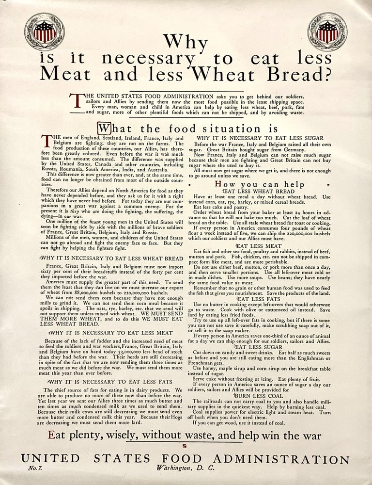 Item #319368 Why is it necessary to eat less Meat and less Wheat Bread? United States Food Administration.