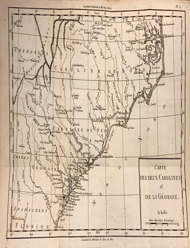 Item #321575 Carte Des Deux Carolines et De La Georgie; C.1782 Map of the Carolinas and Georgia during American Revolution. Michel-Rene HILLIARD D'AUBERTEUIL.