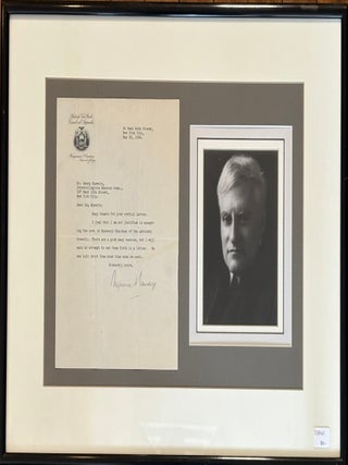 Item #328463 Signed Typed Letter from Benjamin Cardozo framed with Portrait Photograph. Benjamin...