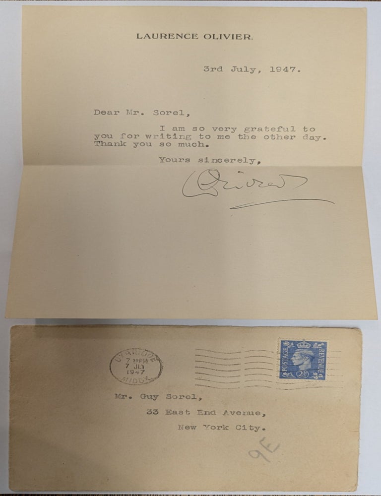 Item #331742 Typed Note Signed, Laurence Olivier. Laurence OLIVIER.