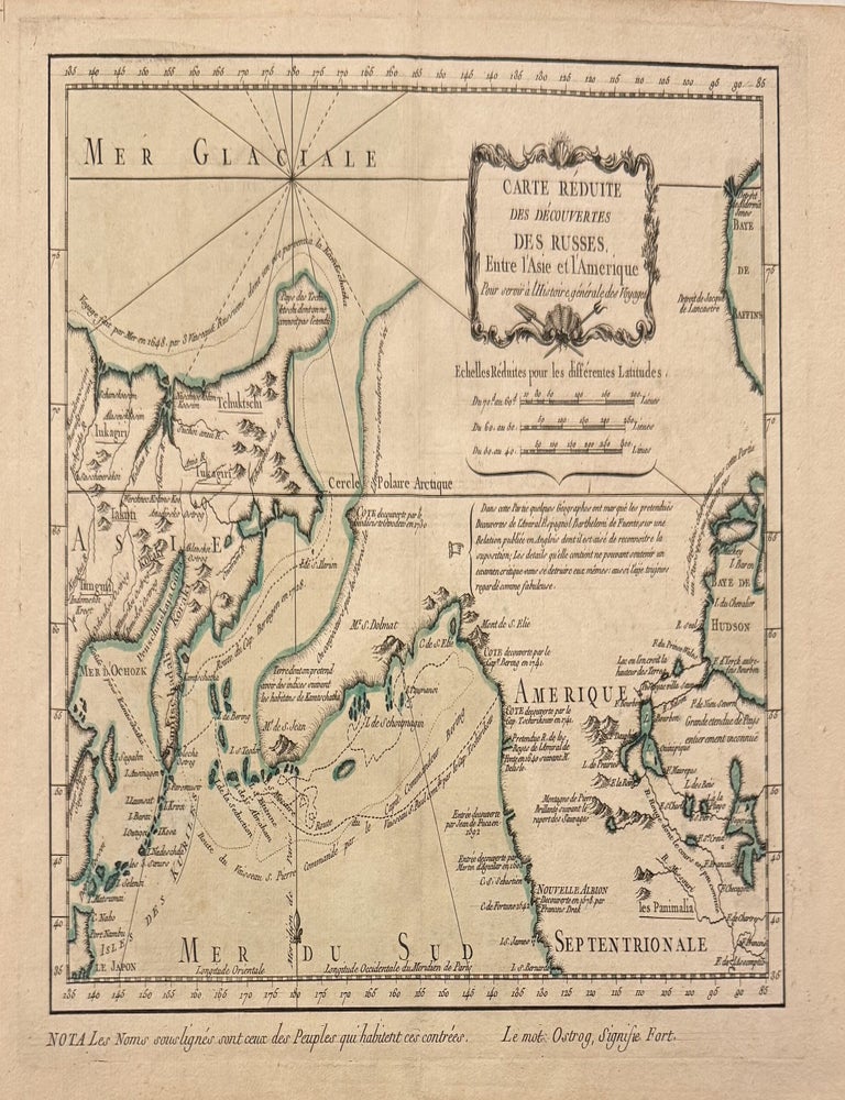 Item #334214 Carte Reduite Des Decouvertes Des Russes Entre l'Asia et L'Amerique. Jacques Nicolas BELLIN.