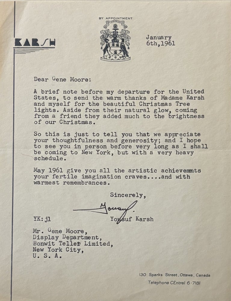 Item #334879 Typed Letter Signed. Yousef KARSH.