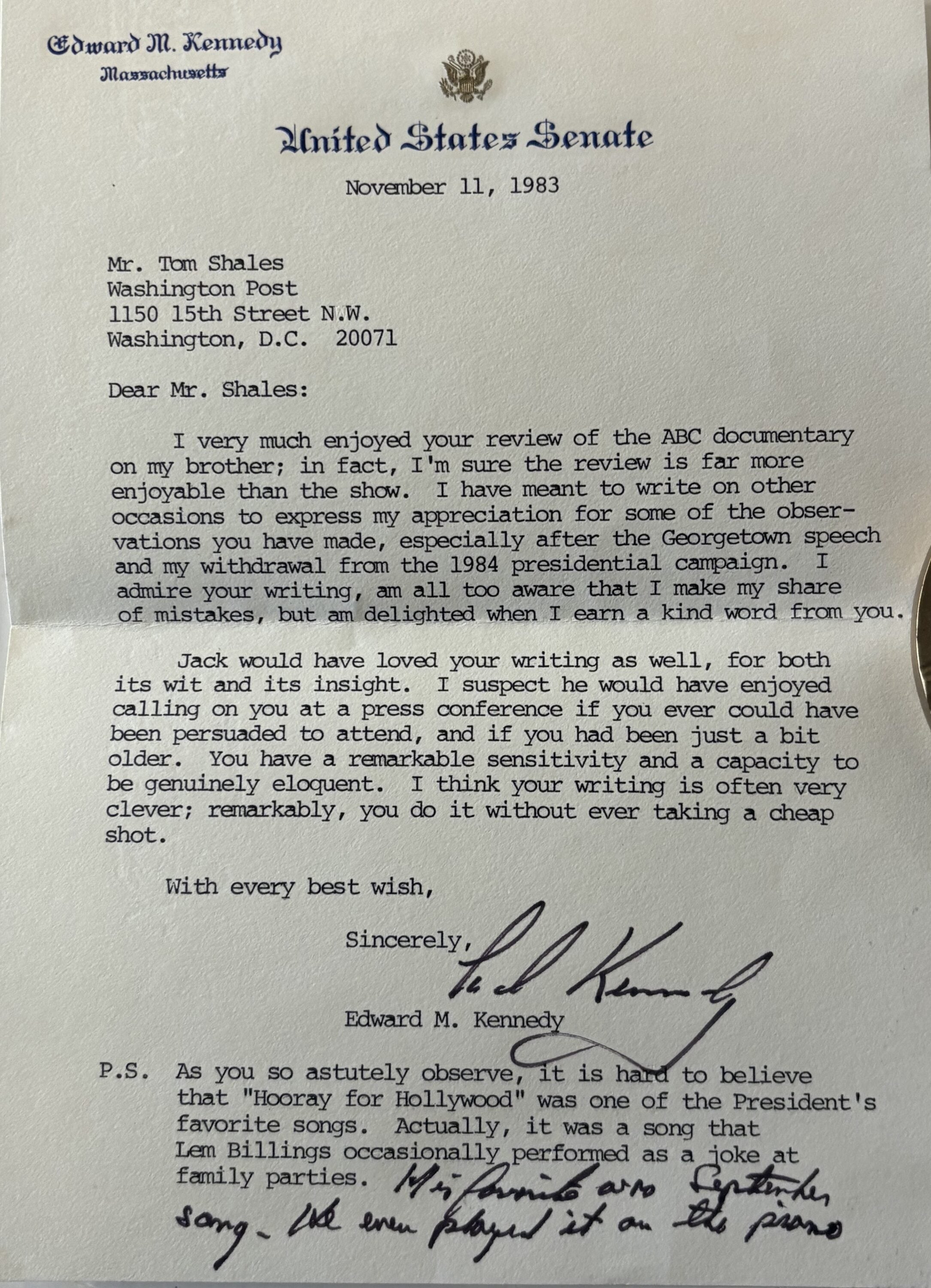 Typed Letter Signed with Handwritten Postscript | Edward KENNEDY