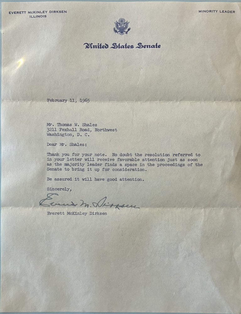 Item #337545 Typed Letter Signed. Everett McKinley DIRKSEN.