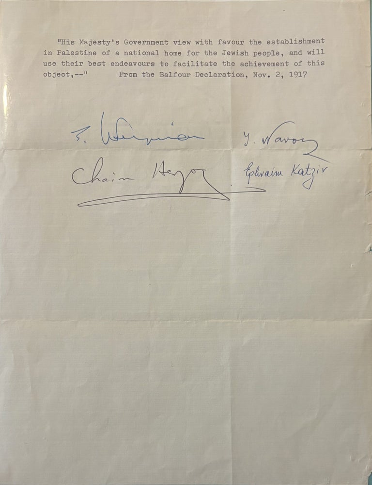 Item #339810 Four Presidents of Israel - Unique Multi-Signed Balfour Declaration Autograph Document. Ephraim KATZIR, Chaim, HERZOG, Yitzhak, NAVON, Ezer WEIZMAN.