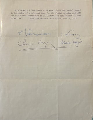 Item #339810 Four Presidents of Israel - Unique Multi-Signed Balfour Declaration Autograph...