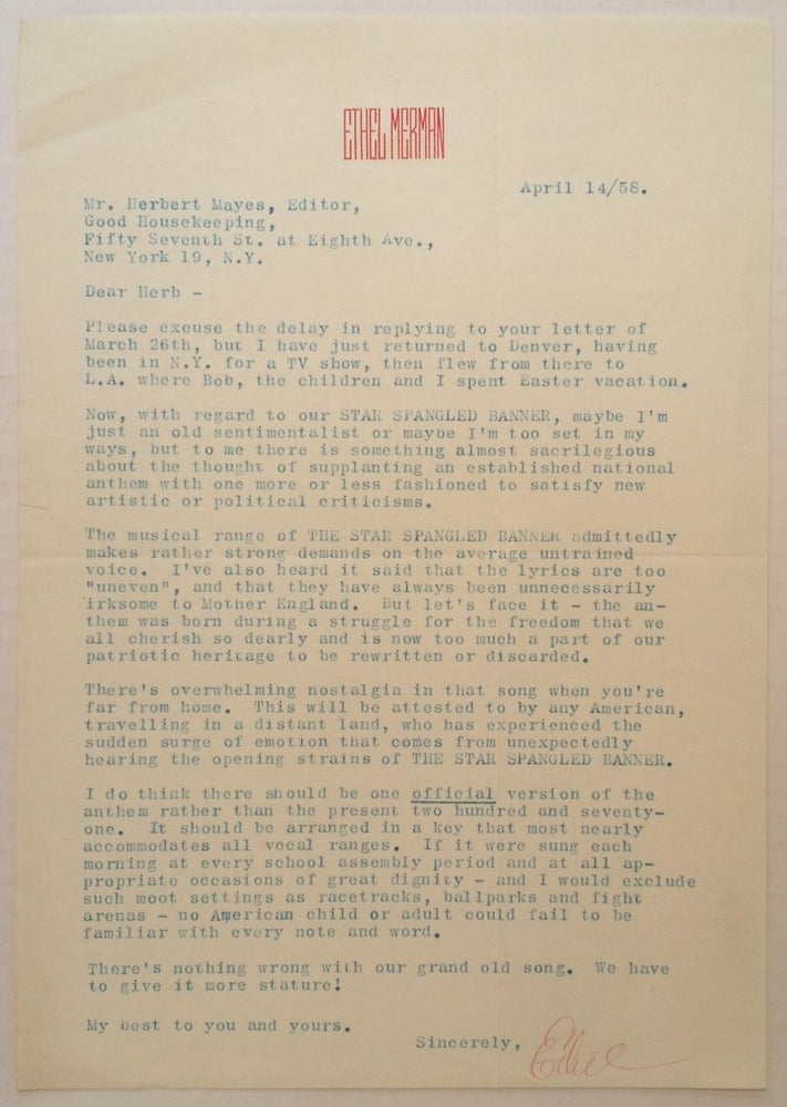 Item #4218 Typed Letter Signed about the National Anthem. Ethel MERMAN, 1908 - 1984.