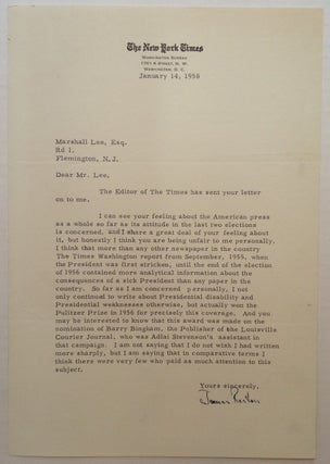 Item #4443 Typed Letter Signed on "New York Times Washington Bureau" letterhead. James RESTON,...