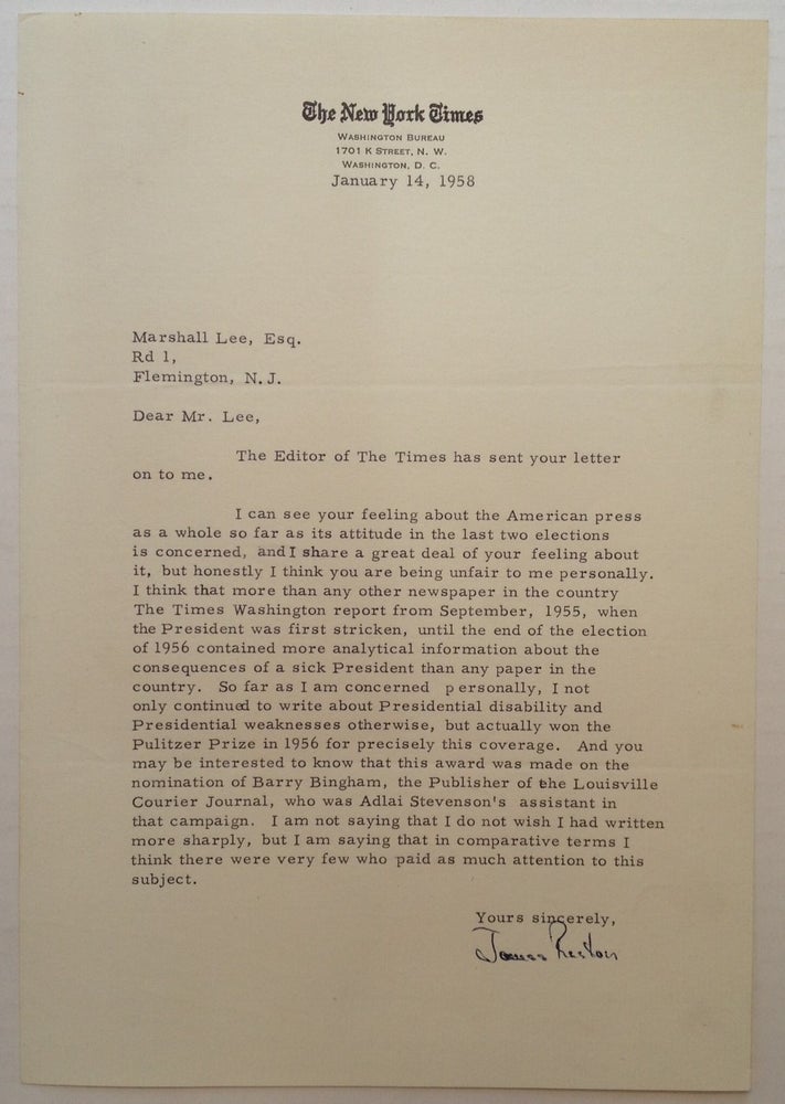 Item #4443 Typed Letter Signed on "New York Times Washington Bureau" letterhead. James RESTON, 1909 - 1995.