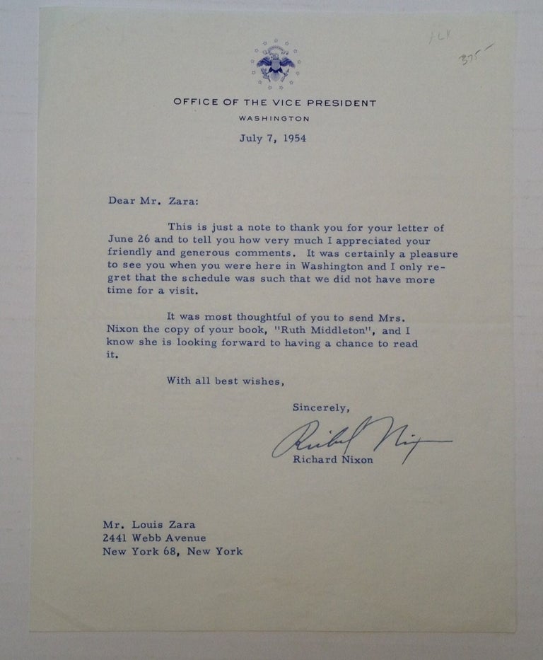 Item #4460 Typed Letter Signed as Vice President. Richard M. NIXON, 1913 - 1994.