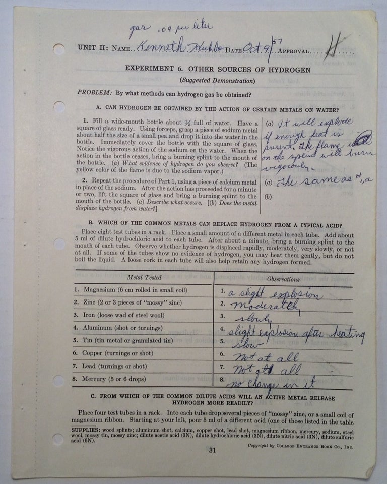 Item #4777 Signed Workbook Sheet. Ken HUBBS, 1941 - 1964.