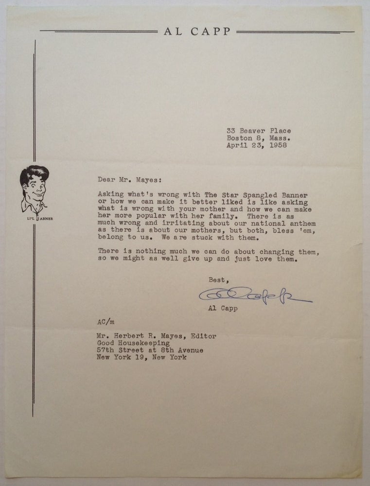 Item #5082 Typed Letter Signed to editor Herbert Mayes. Al CAPP, 1909 - 1979.