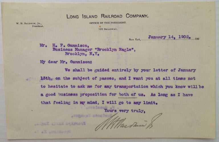 Item #5317 Typed Letter Signed on "Long Island Railroad Company" letterhead. William Henry BALDWIN, 1863 - 1905.