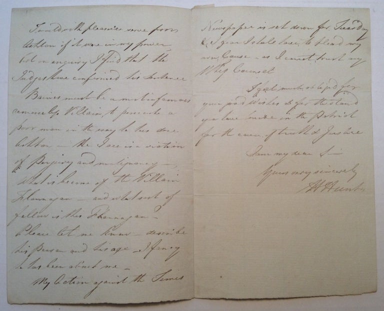 Item #5380 Autographed Letter Signed to an editor. Henry HUNT, 1773 - 1835.