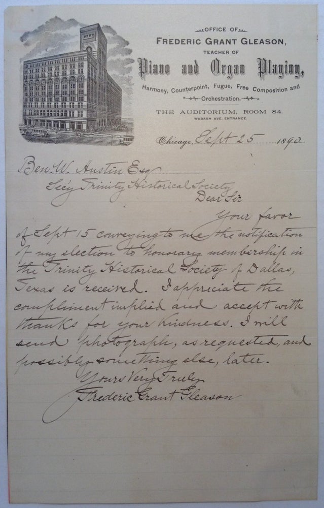 Item #5399 Autographed Letter Signed on personal letterhead. Frederic Grant GLEASON, 1848 - 1903.