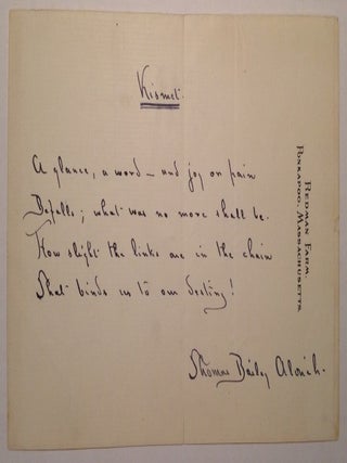 Item #5547 Autographed Manuscript Signed. Thomas Bailey ALDRICH