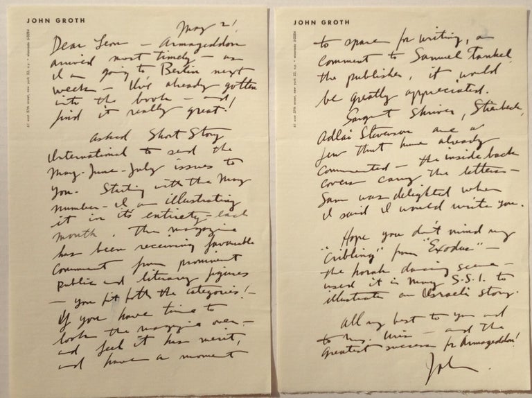 Item #5548 Autographed Letter Signed to Leon Uris. John GROTH, 1908 - 1988.