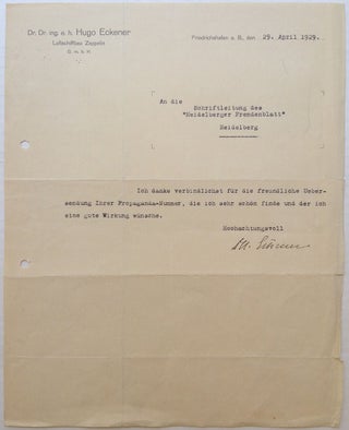 Item #5792 Typed Letter Signed in German. Hugo ECKENER, 1868 - 1954