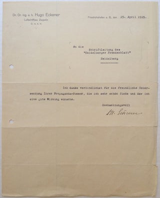 Item #5792 Typed Letter Signed in German. Hugo ECKENER